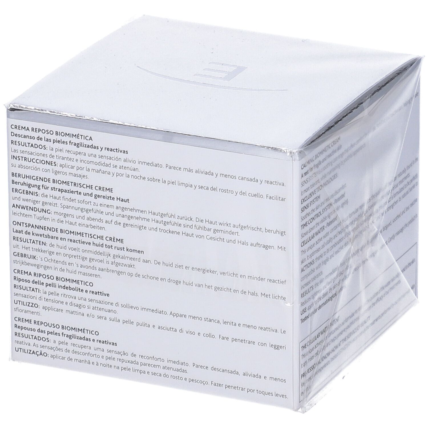 Scatola bianca con testo multilingue. Marchio: Institut Esthederm. Prodotto: Sensi System Crème Repos Biomimétique.