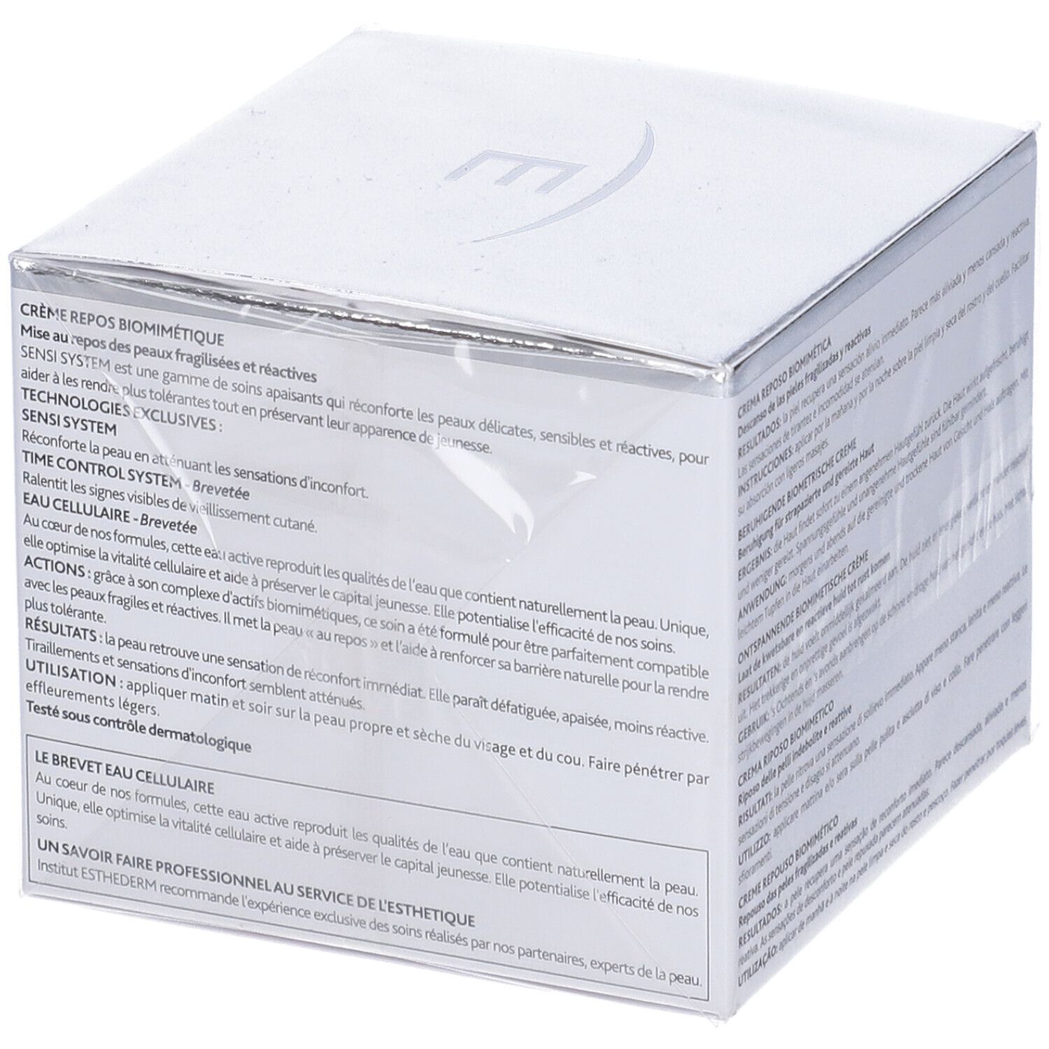 Scatola bianca con informazioni e testo. Marchio: Institut Esthederm. Prodotto: Sensi System Crème Repos Biomimétique.
