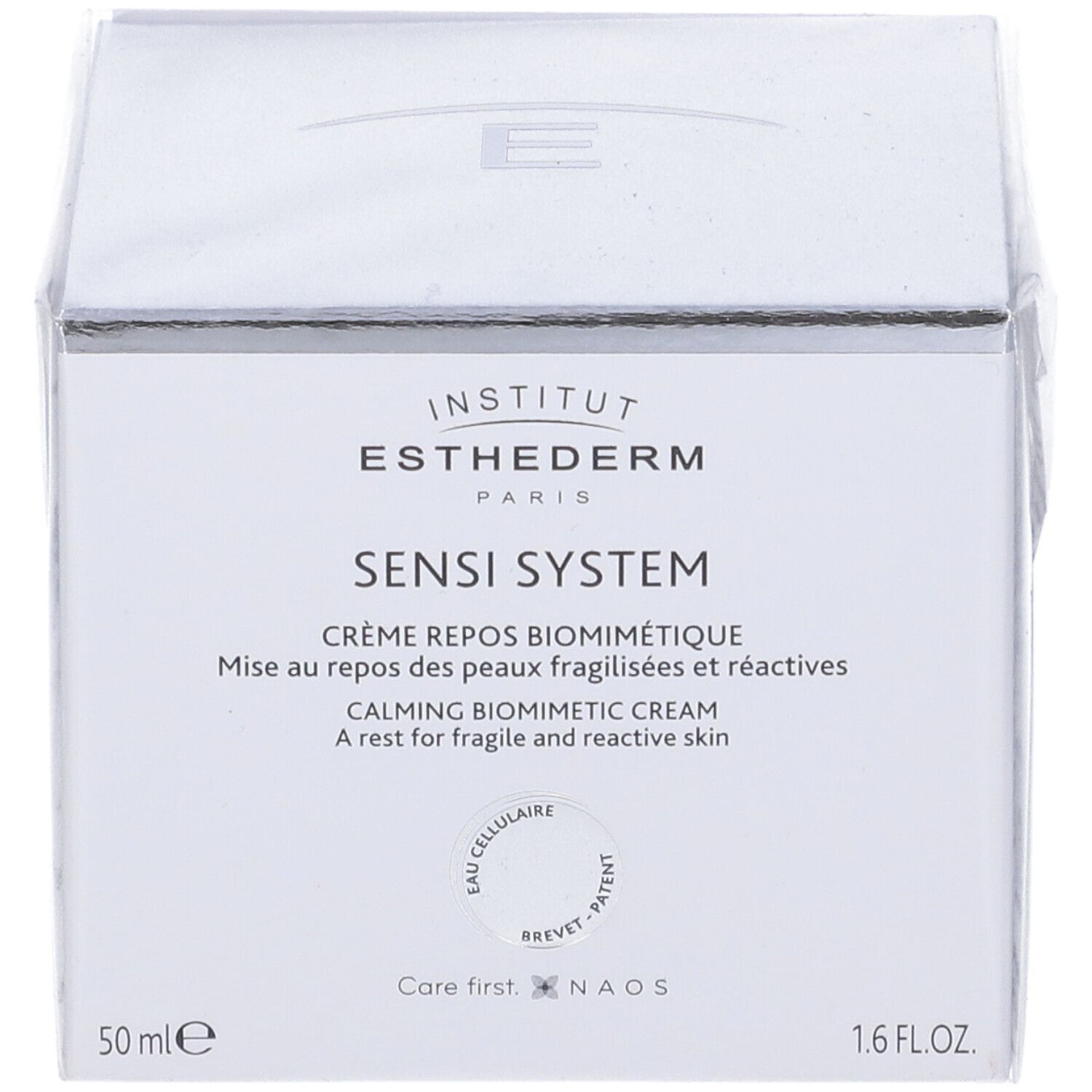 Scatola bianca con testo e nome del prodotto. Marchio: Institut Esthederm. Prodotto: Sensi System Crème Repos Biomimétique.
