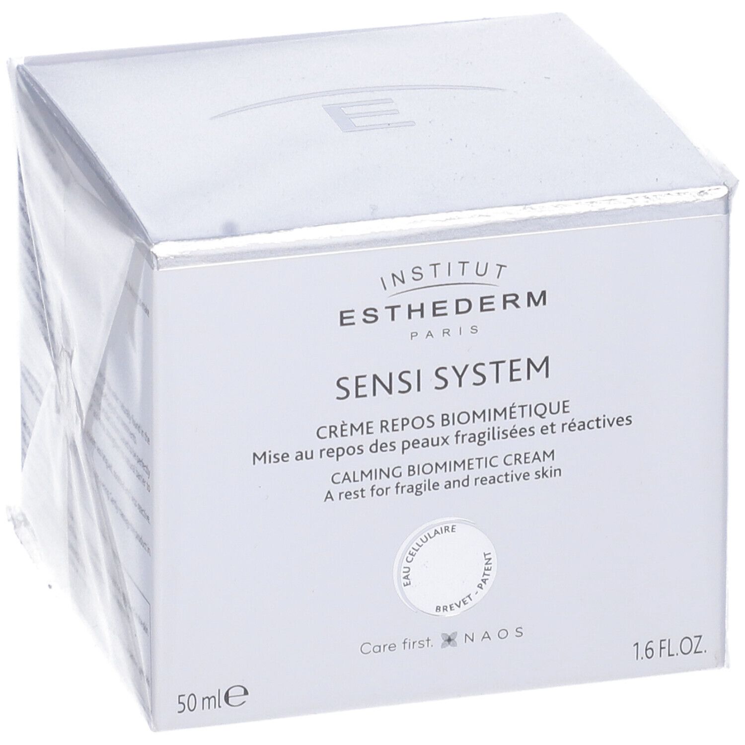 Scatola bianca con testo e nome del prodotto. Marchio: Institut Esthederm. Prodotto: Sensi System Crème Repos Biomimétique.