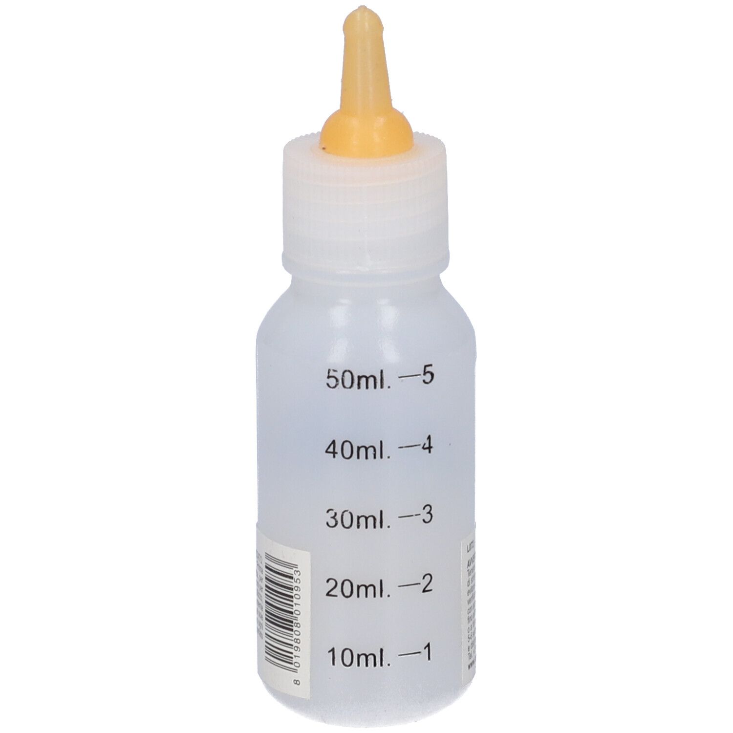 Biberon con tettarella gialla. Bottiglia bianca con scala graduata da 10ml a 50ml. Testo in italiano.