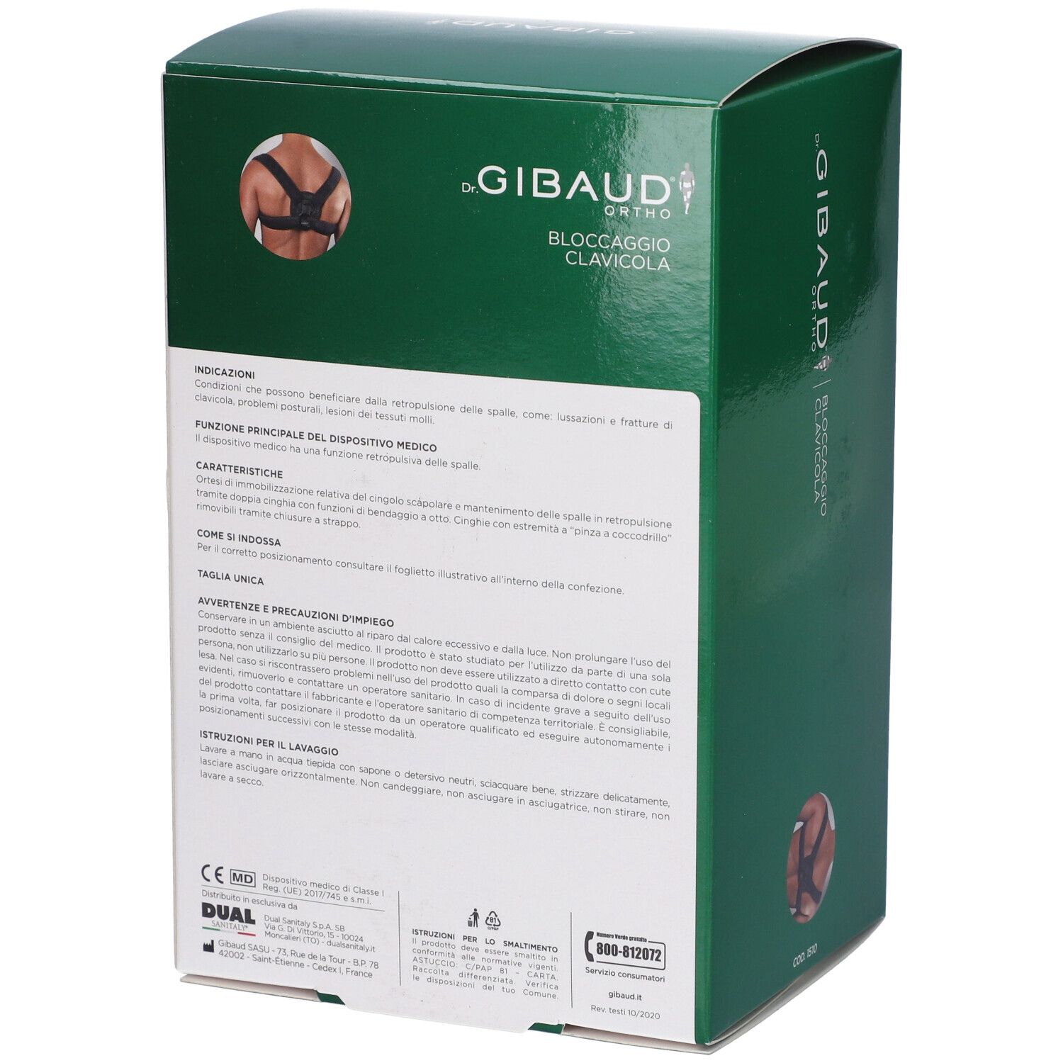 Retro della confezione con informazioni sul prodotto per un bloccaggio clavicola Dr. Gibaud Ortho.