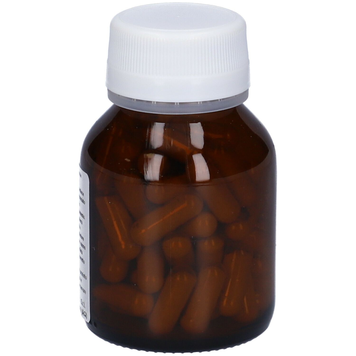 Capsule marroni in un flacone di vetro marrone con tappo bianco. Etichetta con testo.