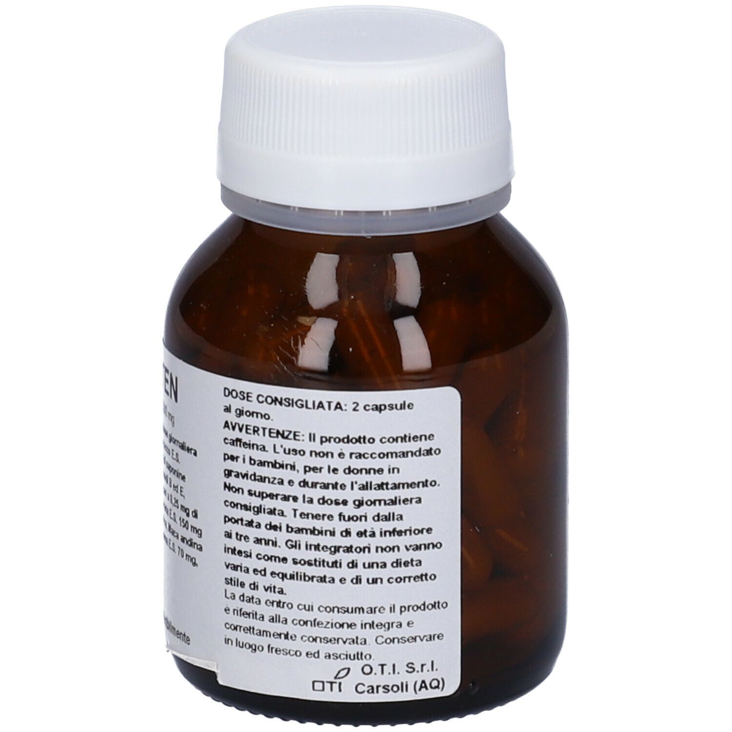 Capsule marroni in un flacone di vetro marrone con tappo bianco. Etichetta con testo.