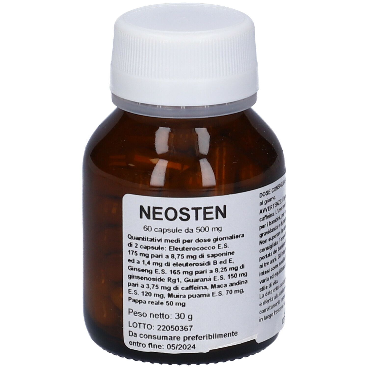 Capsule marroni in un flacone di vetro marrone con tappo bianco. Etichetta con testo: Neosten 60 capsule.