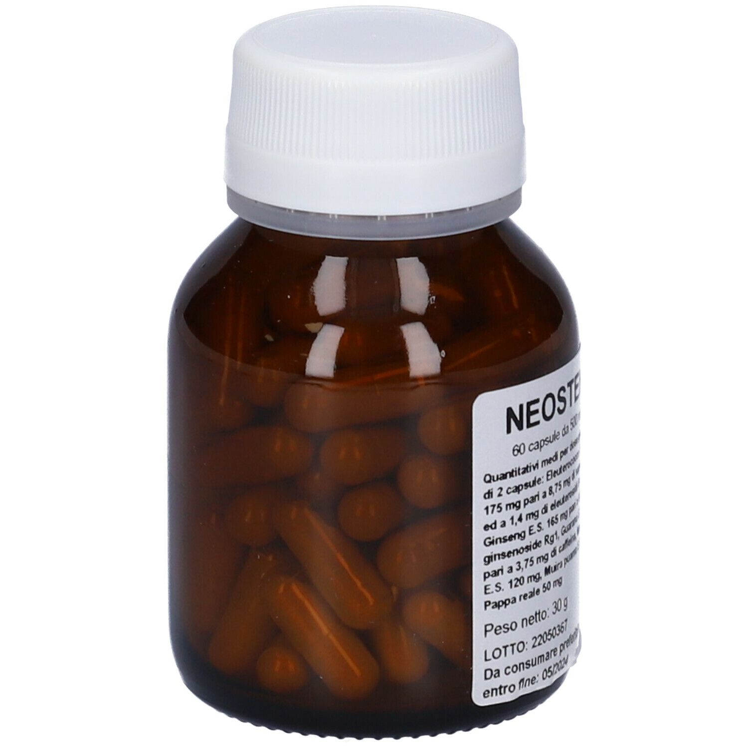 Capsule marroni in un flacone di vetro marrone con tappo bianco. Etichetta con testo: Neosten 60 capsule.