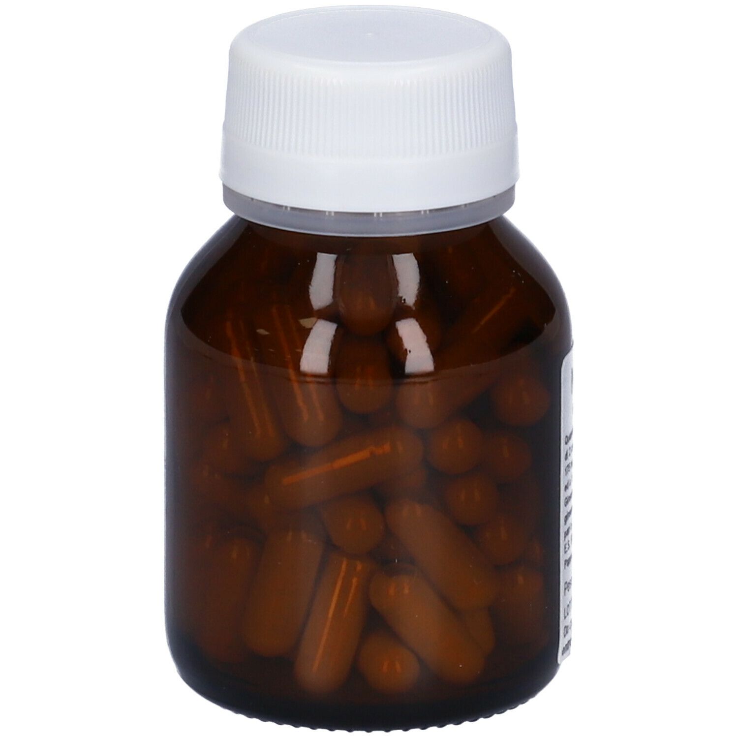 Capsule marroni in un flacone di vetro marrone con tappo bianco. Etichetta con testo.