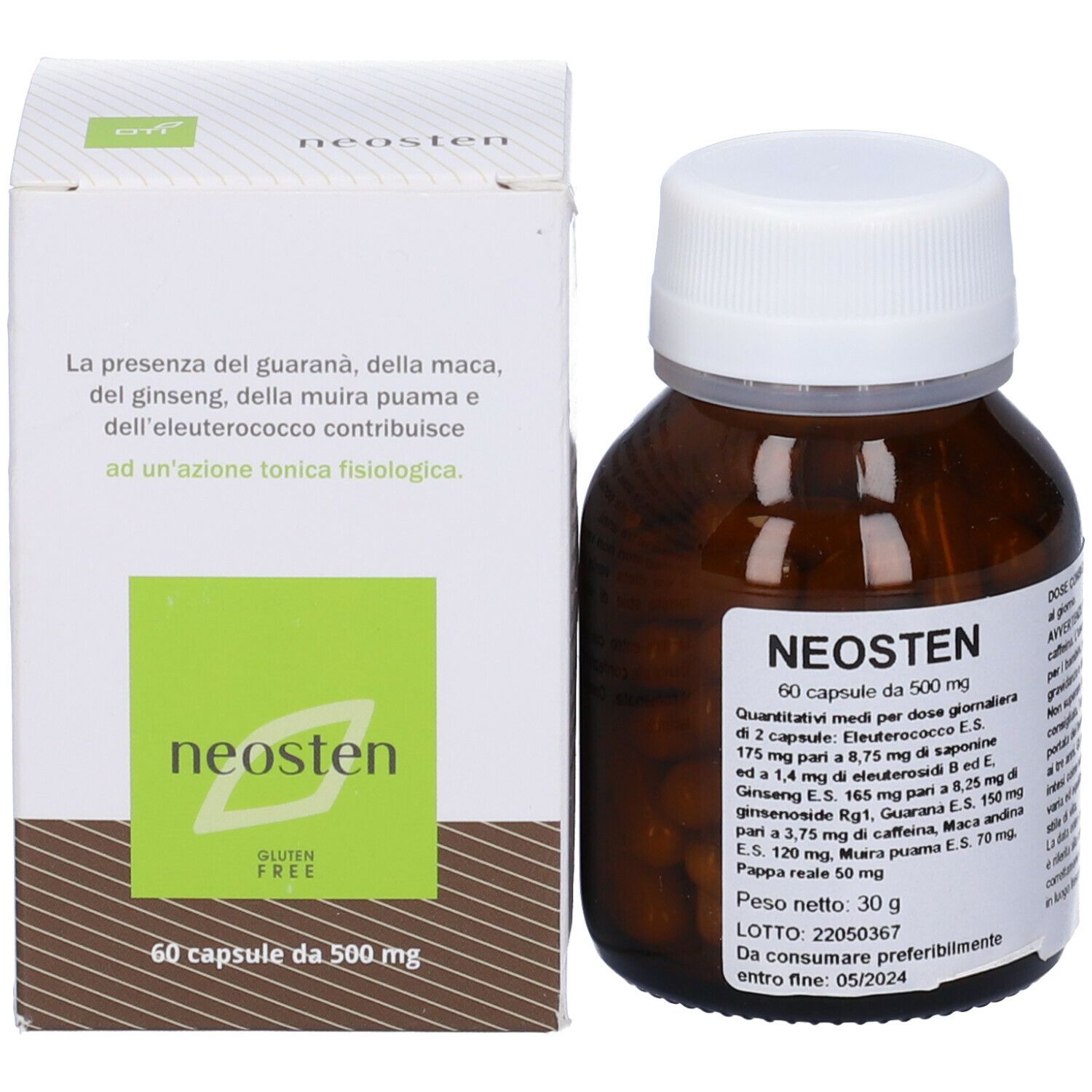 Capsule marroni e flacone con tappo bianco accanto a una scatola bianca. Scritta: Neosten.