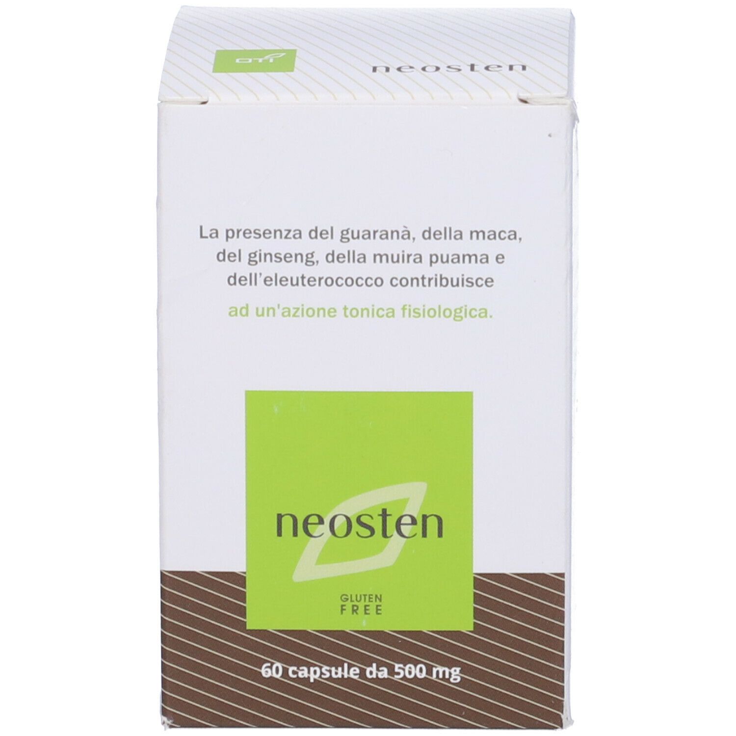 Scatola bianca con campo verde e testo: Neosten. Scritta: Senza glutine. 60 capsule.
