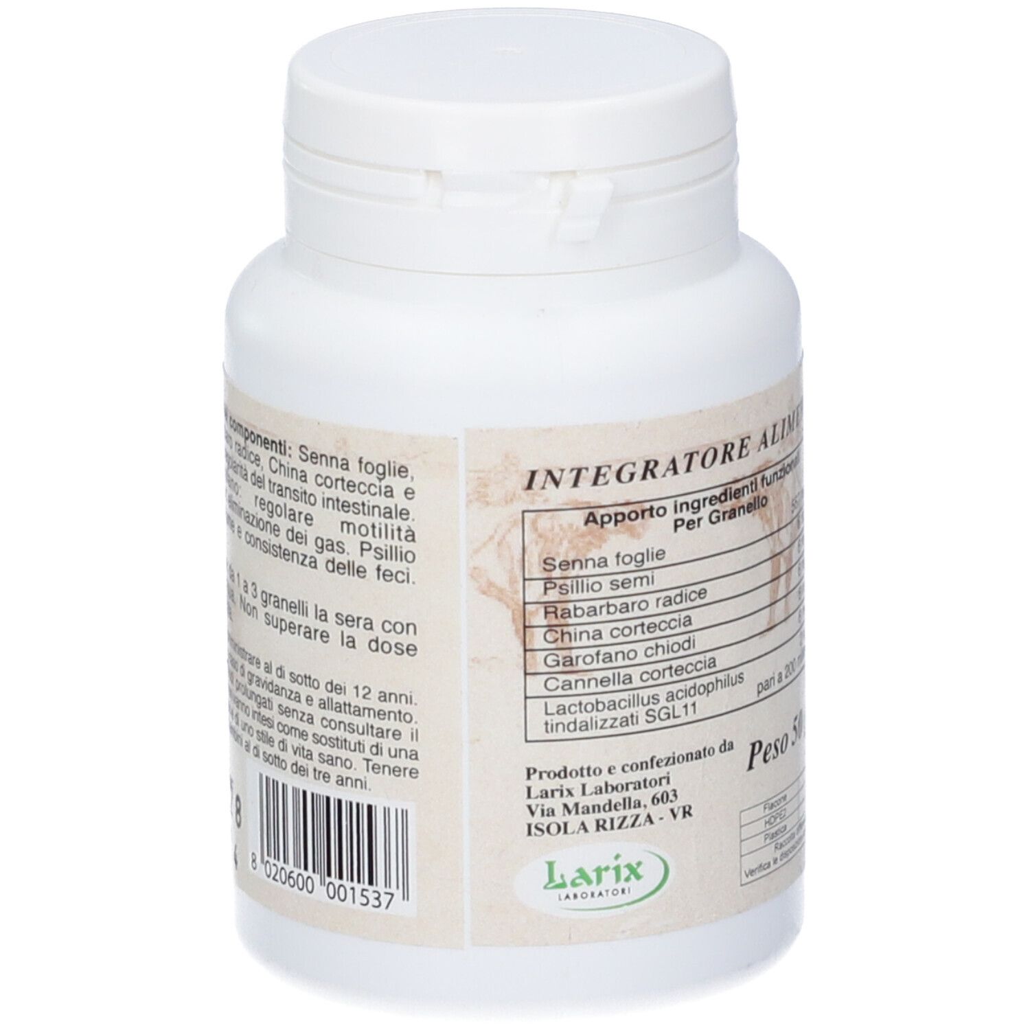 Flacone bianco con scritta Granelli d'Erbe. Etichetta con ingredienti e testo. Retro.