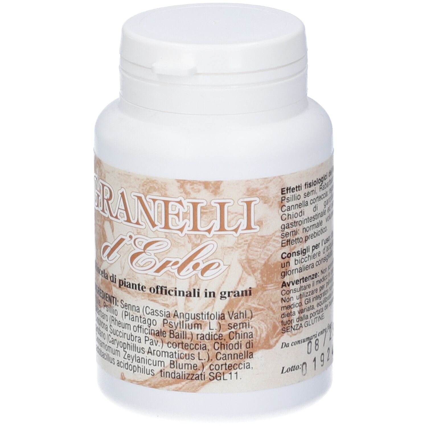 Flacone bianco con scritta Granelli d'Erbe. Etichetta con ingredienti e testo. Coperchio in alto.