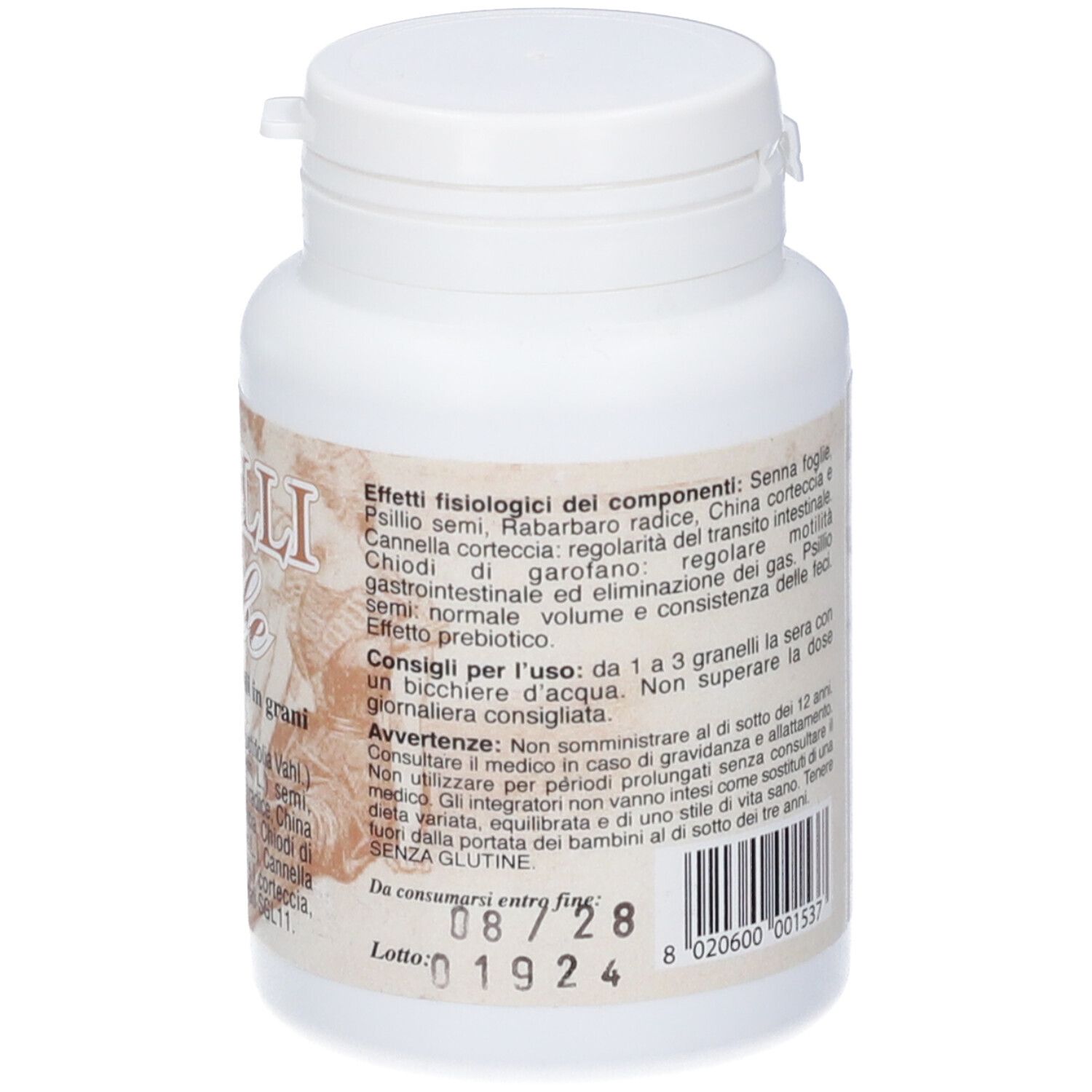 Flacone bianco con scritta Granelli d'Erbe. Etichetta con ingredienti e testo. Coperchio in alto.