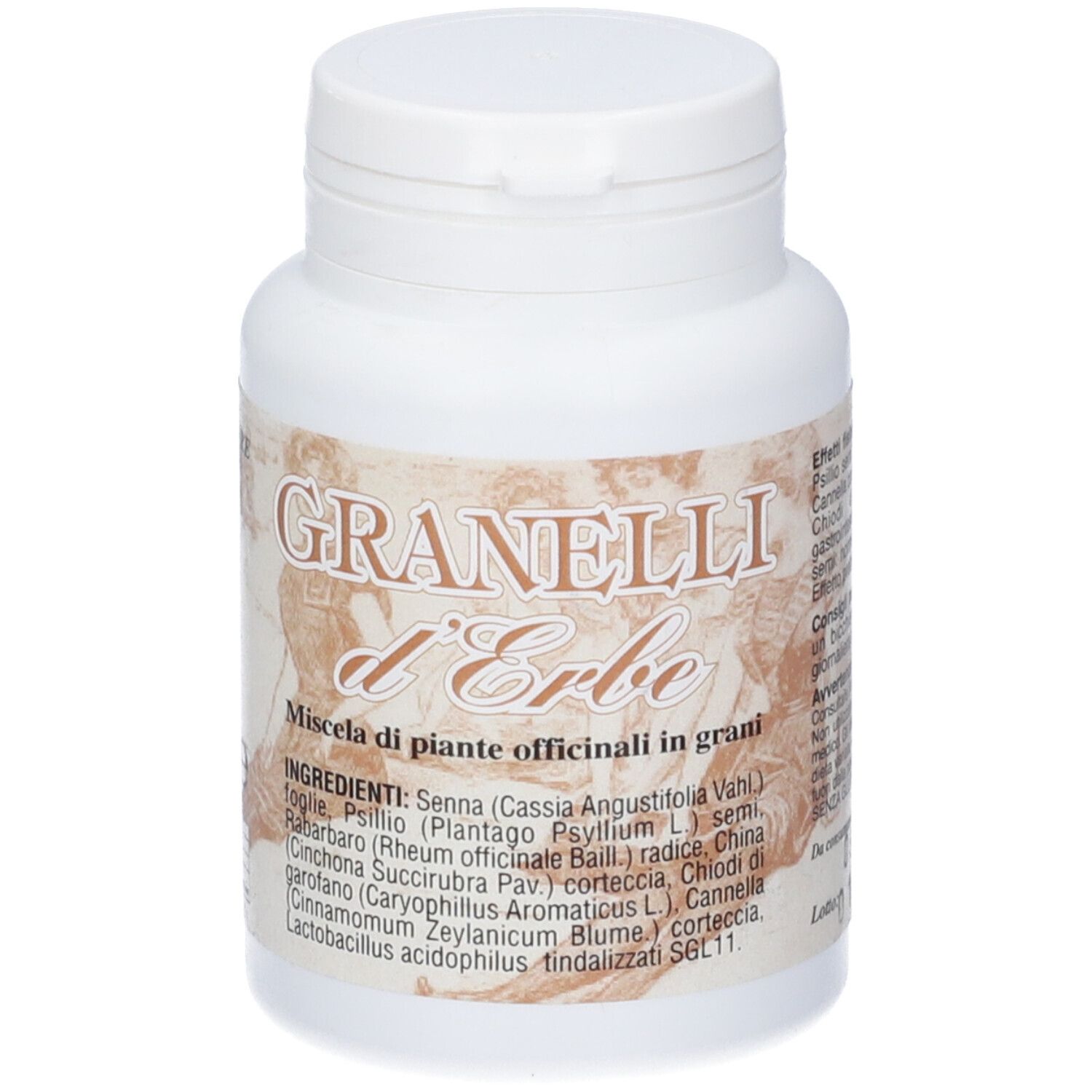 Flacone bianco con scritta Granelli d'Erbe. Etichetta con ingredienti e testo. Coperchio in alto.