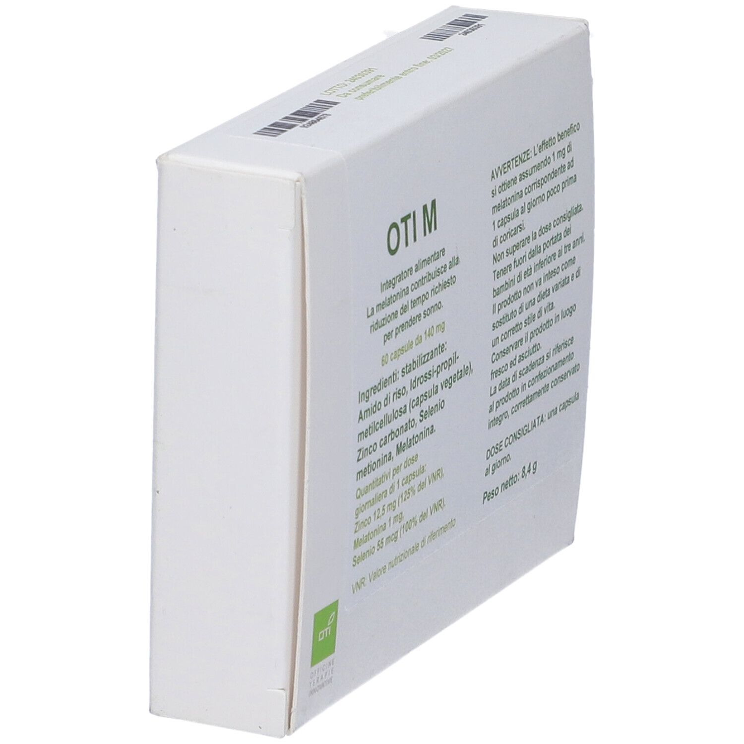 Scatola bianca, Oti M, 60 capsule. Testo sul lato. Logo Oti. Vista angolata.