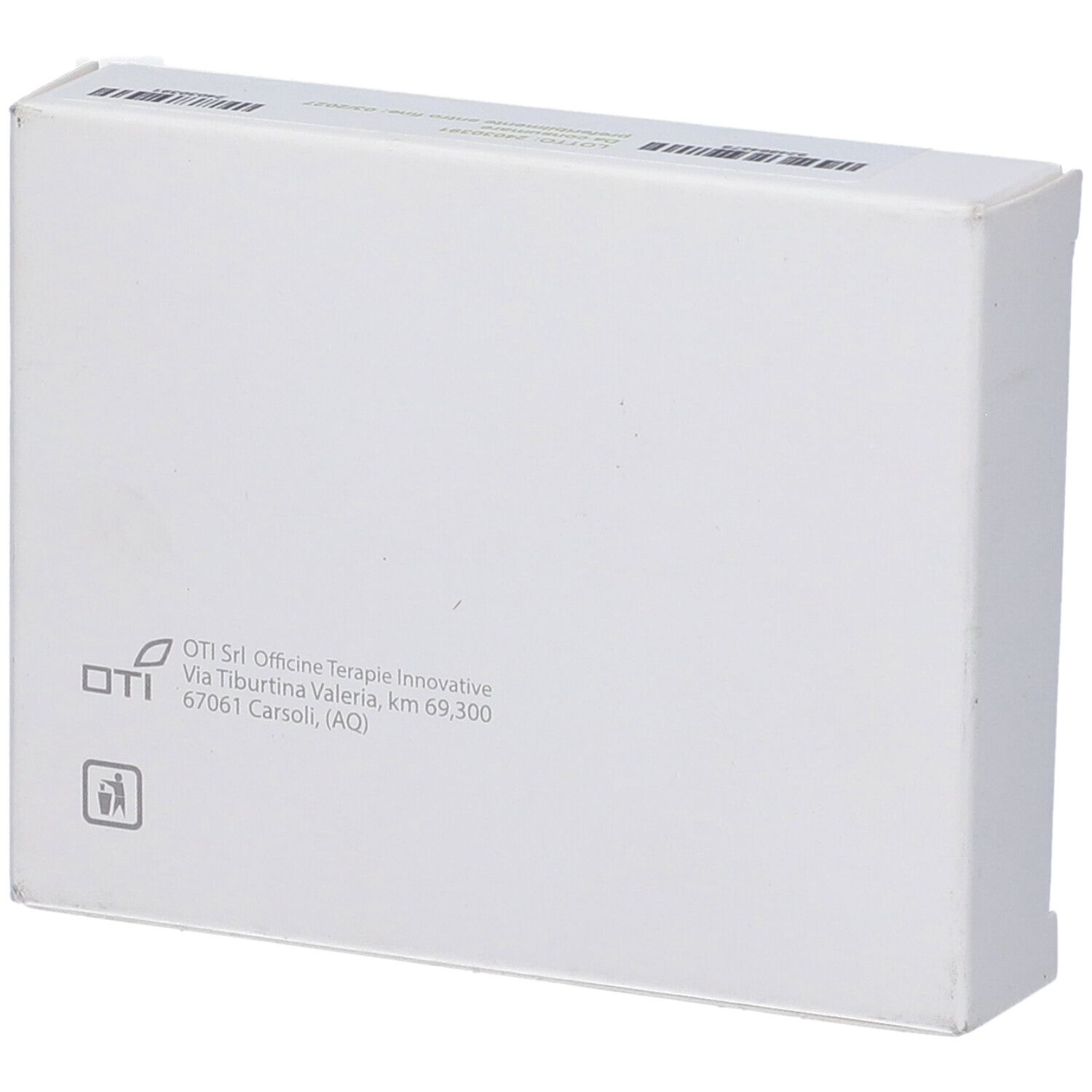 Scatola bianca, retro. Logo Oti e indirizzo. Simbolo di riciclaggio.