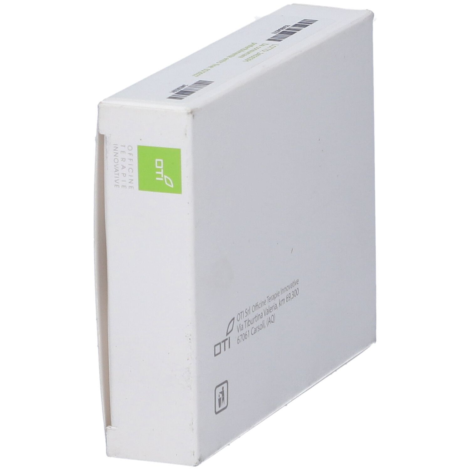 Scatola bianca, angolo. Logo Oti. Testo e simbolo di riciclaggio. Vista angolata.