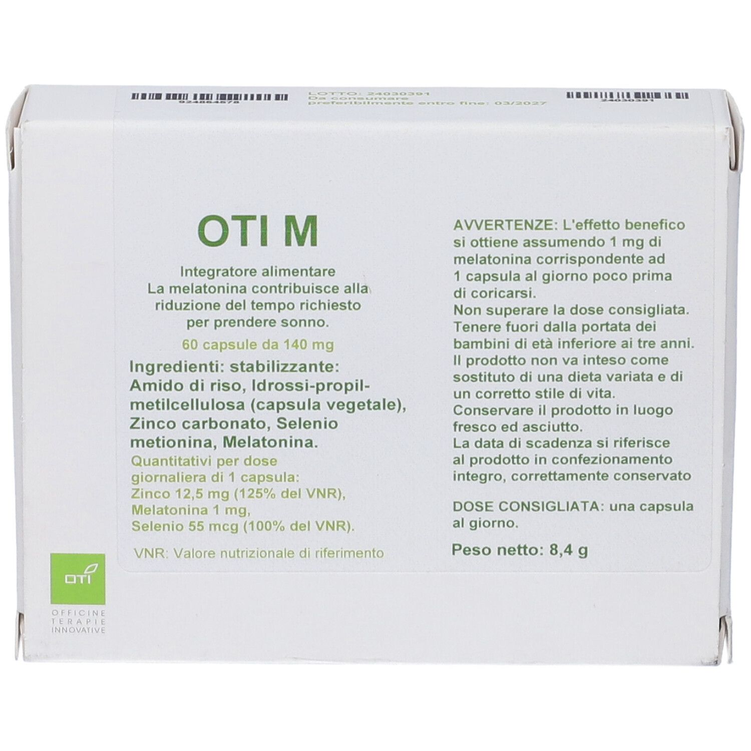 Scatola bianca, Oti M, 60 capsule. Testo con ingredienti e dosaggio. Logo Oti.