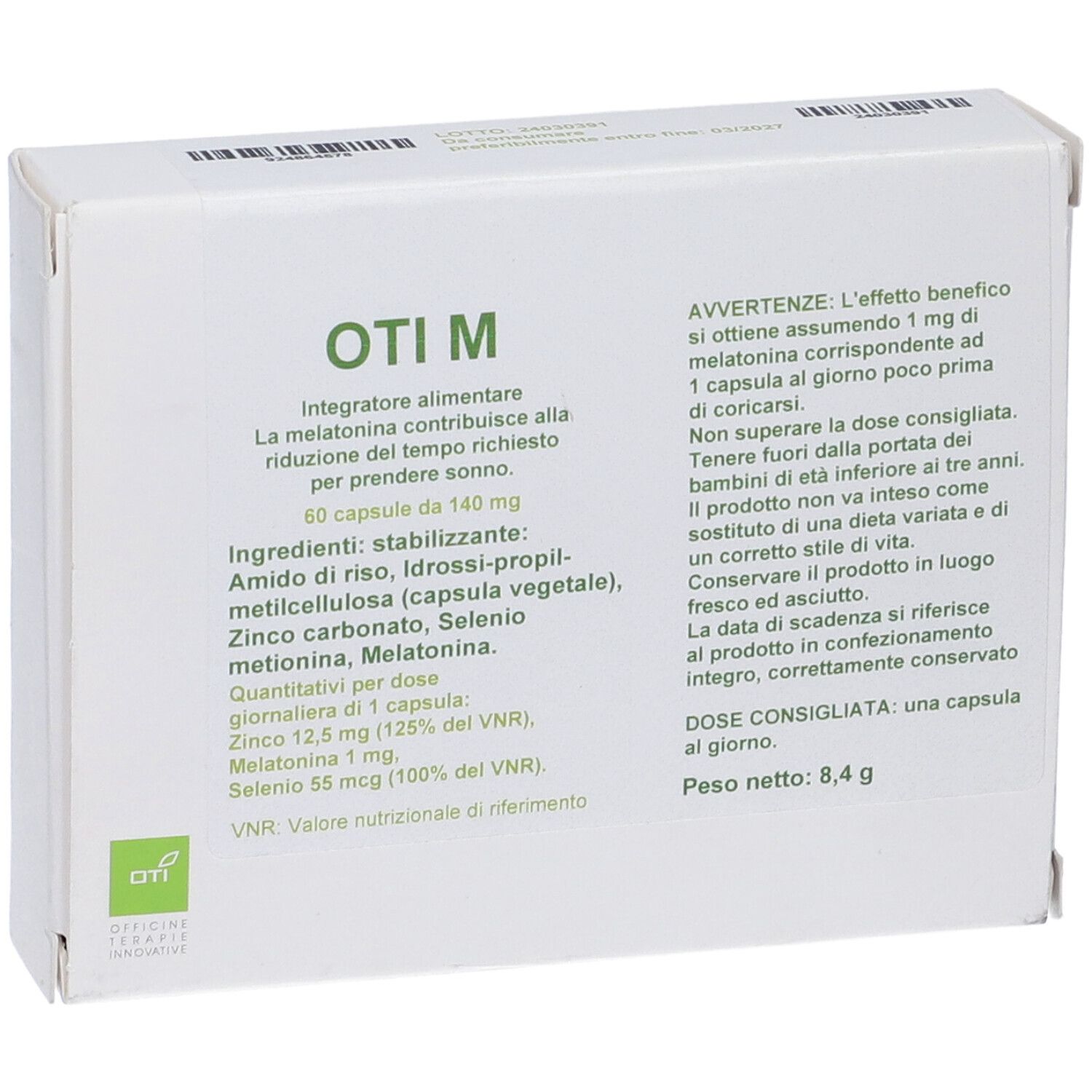 Scatola bianca, Oti M, 60 capsule. Testo con ingredienti e dosaggio. Logo Oti.