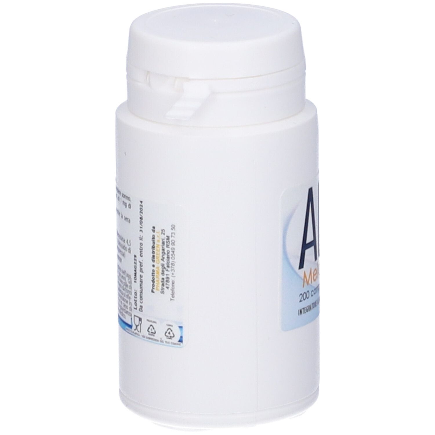 Flacone bianco con etichetta blu. Scritta: AGM Melatonina, 200 compresse da 125 mg. Peso: 25 g.