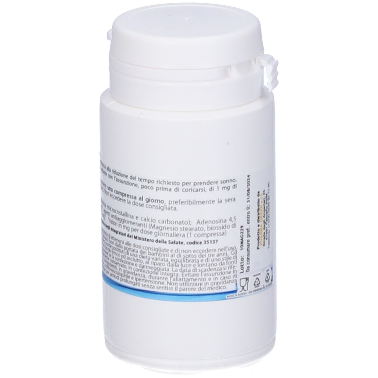 Flacone bianco con etichetta blu. Scritta: AGM Melatonina, 200 compresse da 125 mg. Peso: 25 g.
