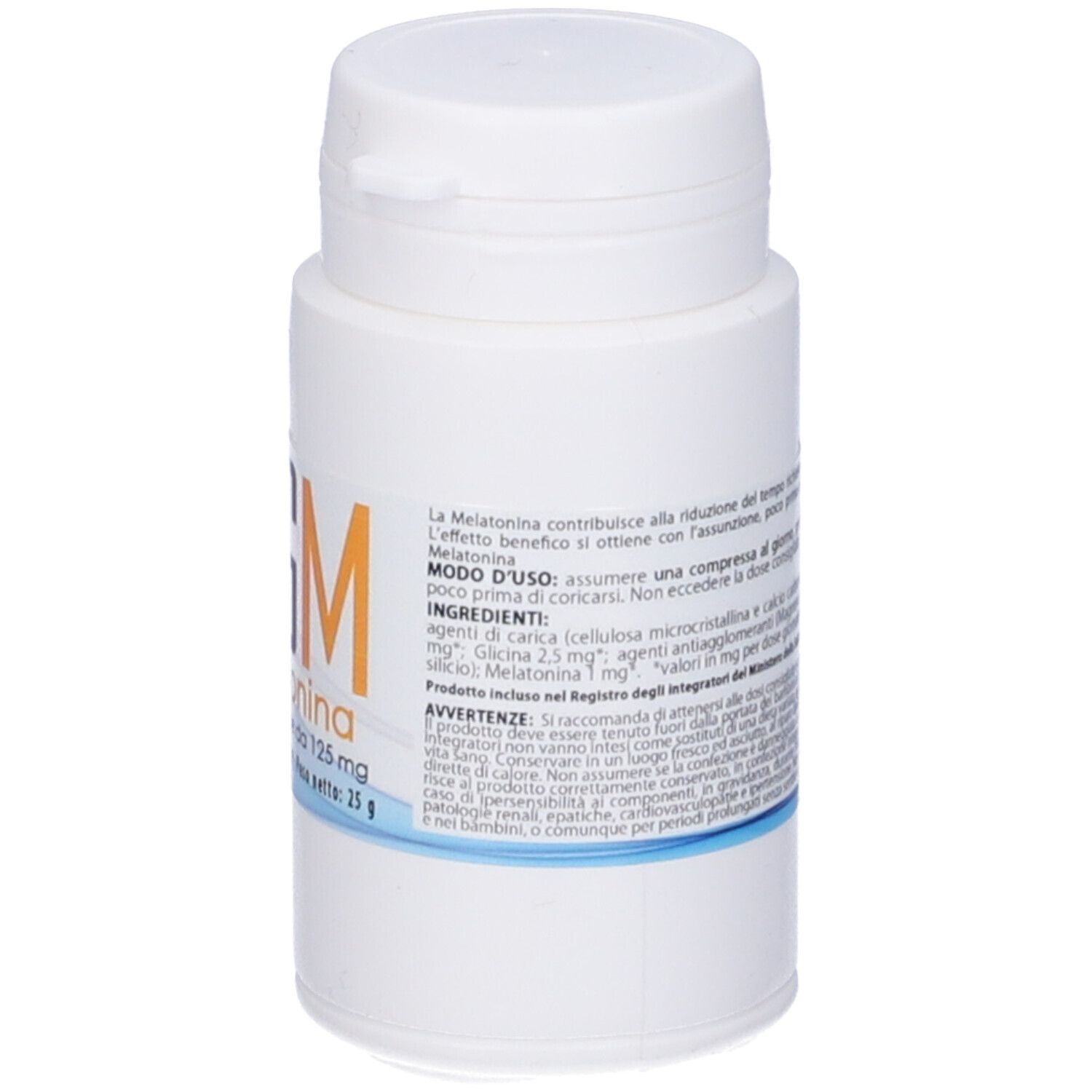 Flacone bianco con etichetta blu. Scritta: AGM Melatonina, 200 compresse da 125 mg. Peso: 25 g.
