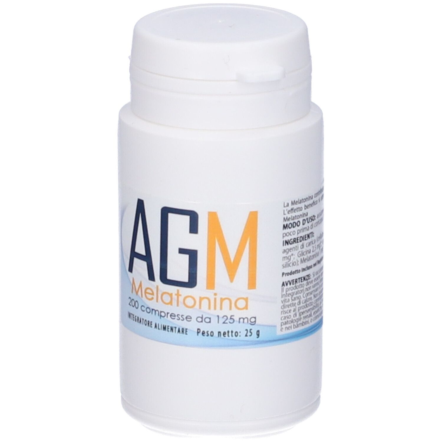 Flacone bianco con etichetta blu. Scritta: AGM Melatonina, 200 compresse da 125 mg. Peso: 25 g.