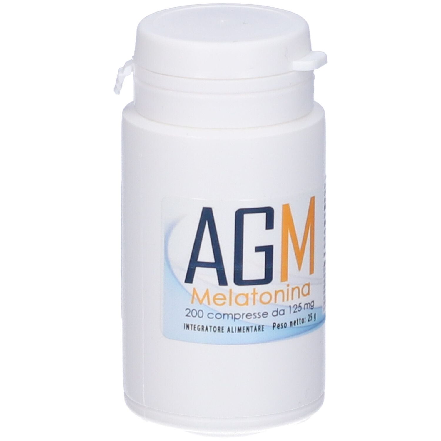 Flacone bianco con etichetta blu. Scritta: AGM Melatonina, 200 compresse da 125 mg. Peso: 25 g.