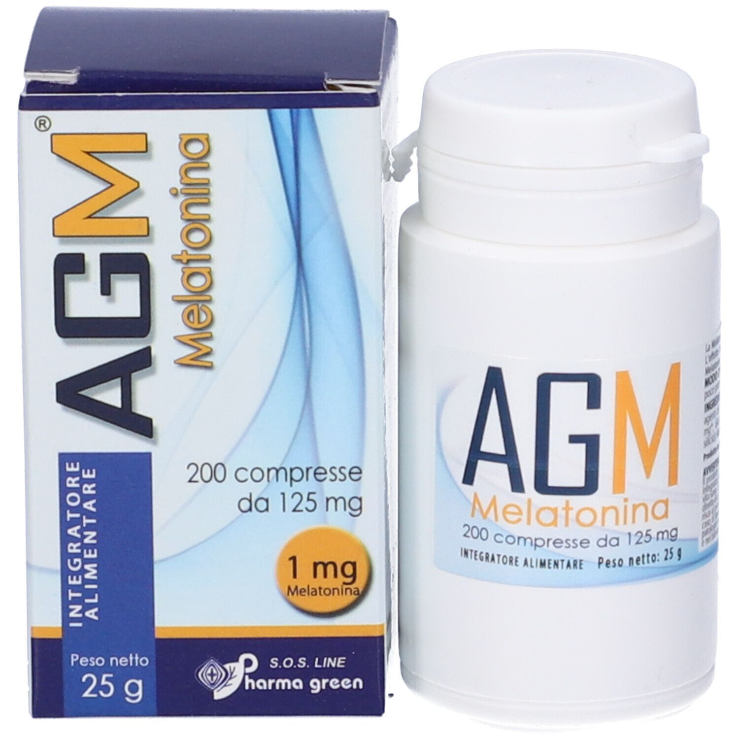 Flacone e scatola bianchi. Scritta: AGM Melatonina, 200 compresse da 125 mg. Peso: 25 g.