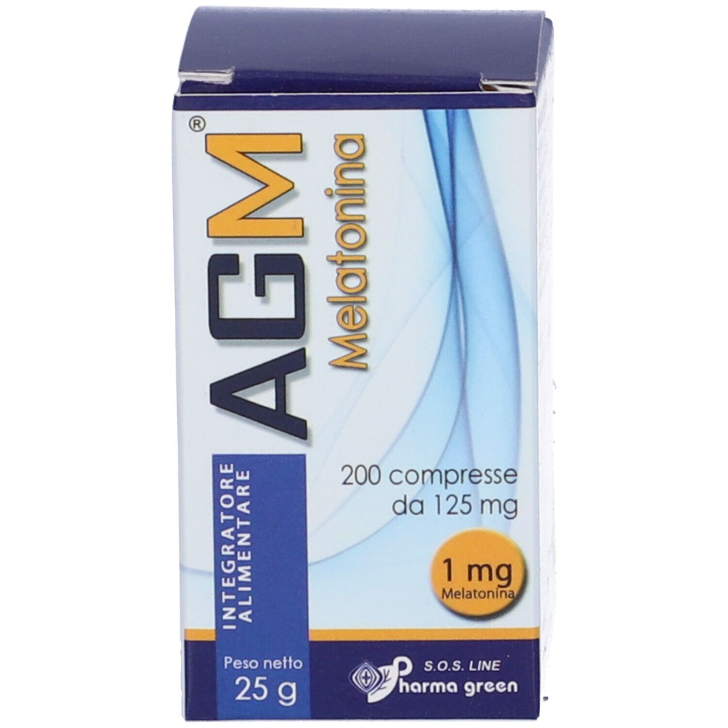 Scatola con scritta: AGM Melatonina, 200 compresse da 125 mg. Peso: 25 g.