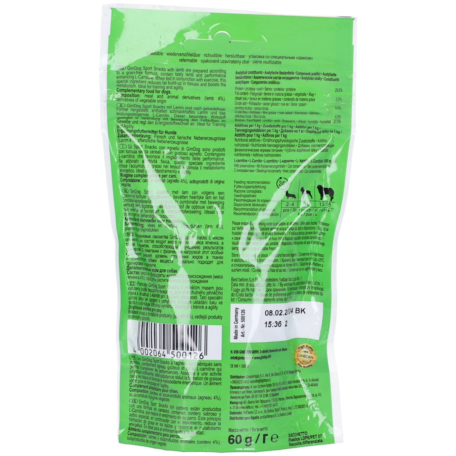 Retro della confezione di Gimdog Sportsnacks Agnello. Contiene informazioni sugli ingredienti e i valori nutrizionali. Testo: 60g.