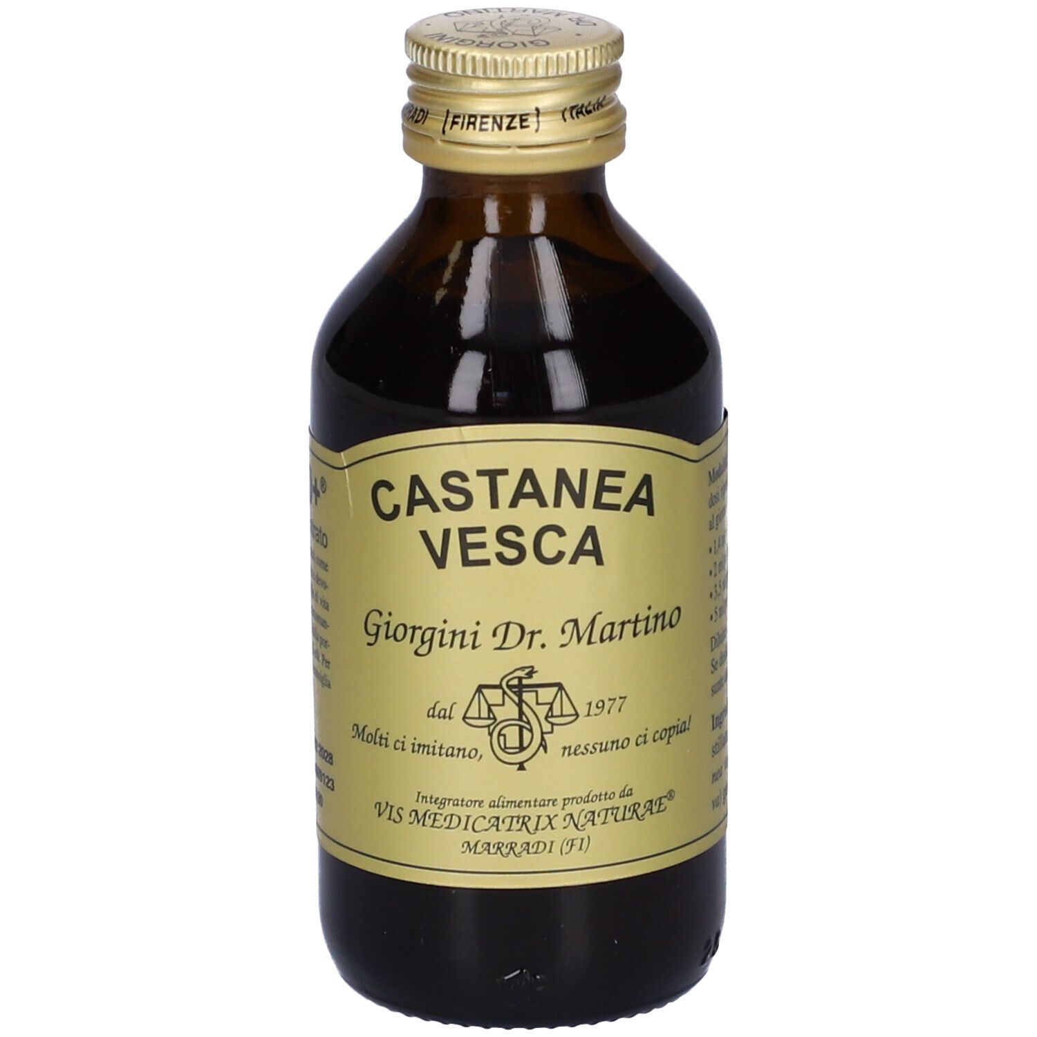 Bottiglia di vetro marrone con tappo dorato. Scritta: Castanea Vesca, Giorgini Dr. Martino.