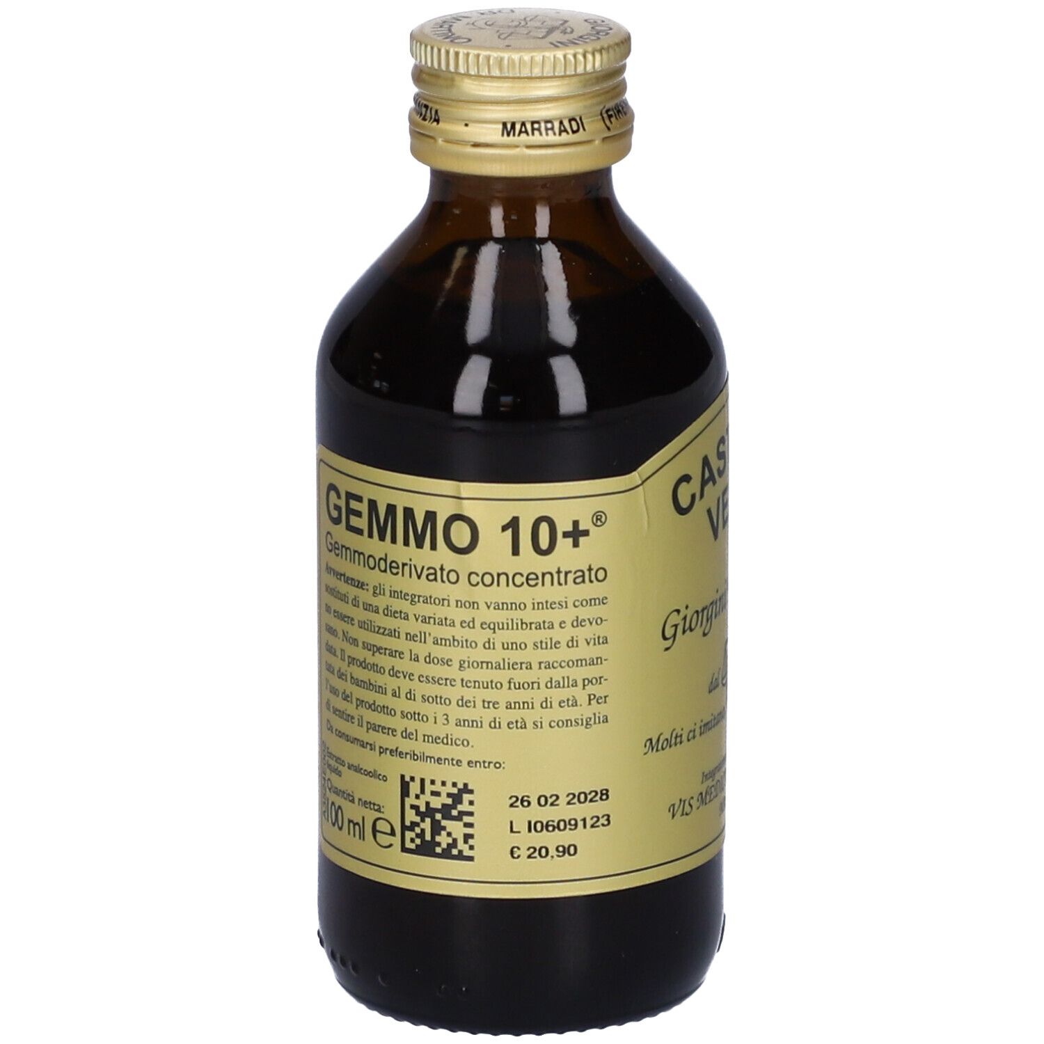 Bottiglia marrone con tappo dorato. Scritte: Gemmo 10+, Castanea Vesca, Giorgini Dr. Martino.
