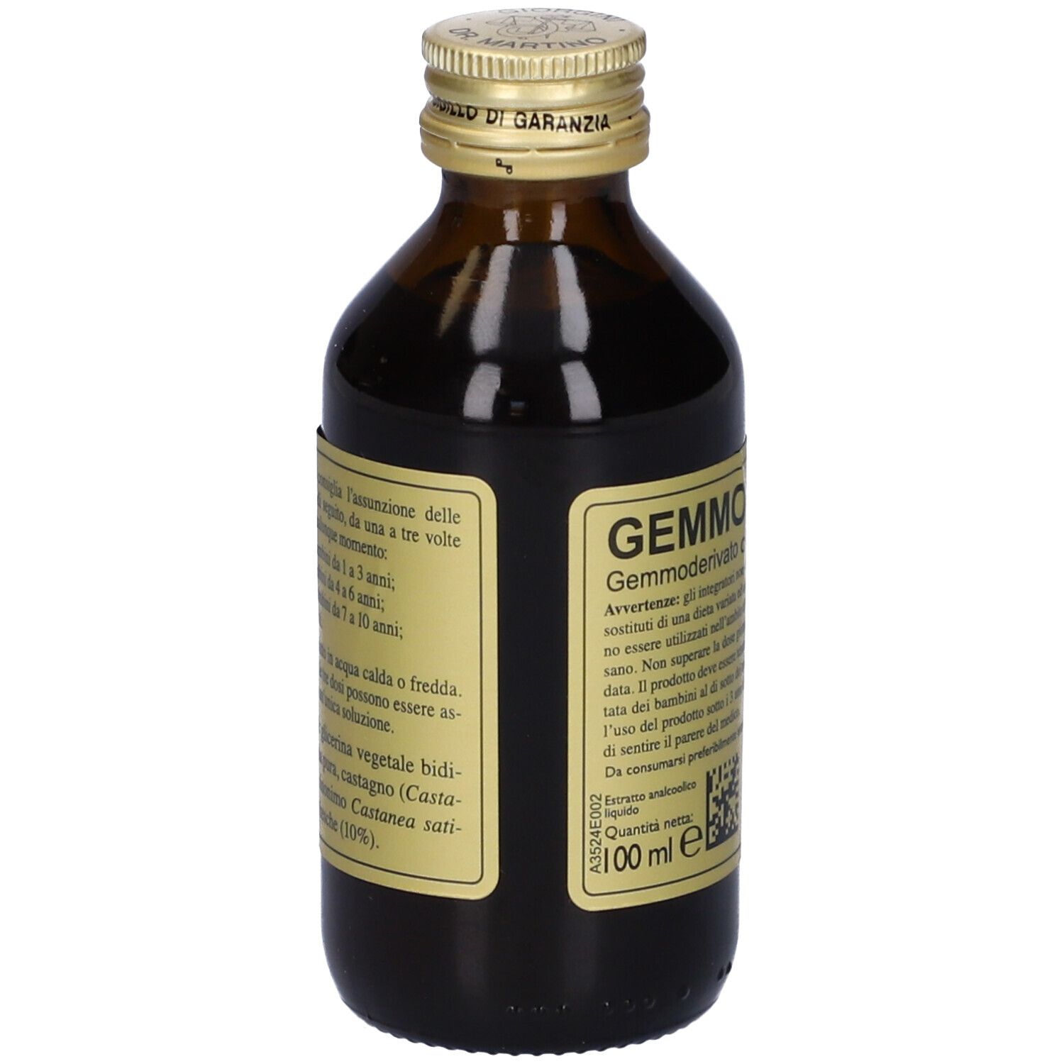 Bottiglia marrone con tappo dorato. Scritte: Gemmo 10+, Castanea Vesca, Giorgini Dr. Martino.