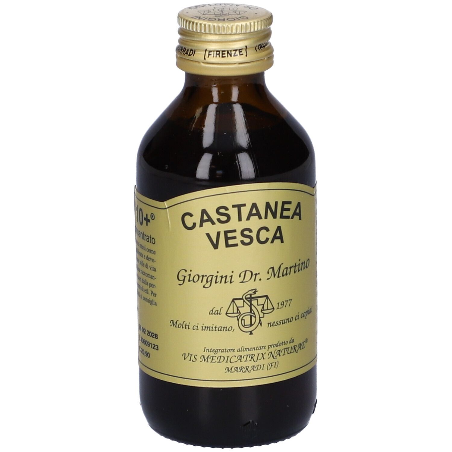 Bottiglia di vetro marrone con tappo dorato. Scritta: Castanea Vesca, Giorgini Dr. Martino.