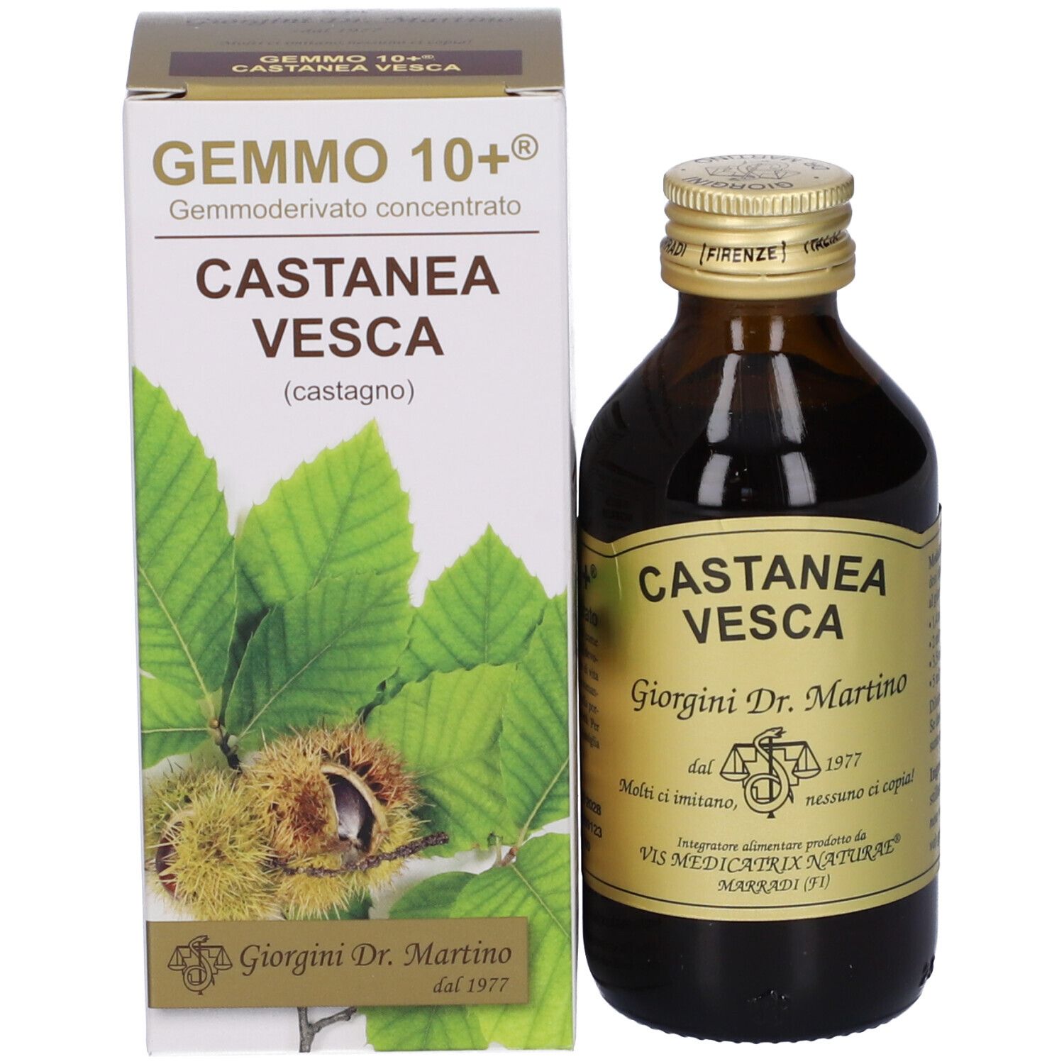 Confezione e bottiglia. Scritte: Gemmo 10+, Castanea Vesca, Giorgini Dr. Martino.