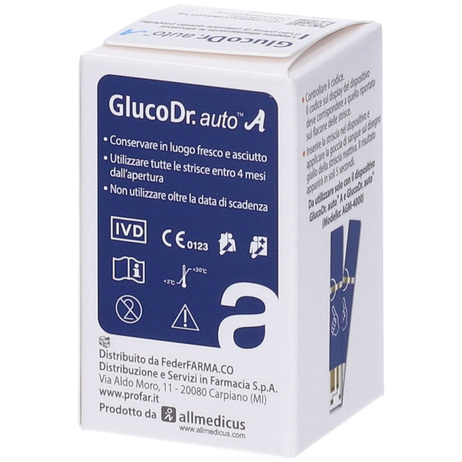 Profar GlucoDr. auto A: IVD, CE 0123, indicazioni temperatura e conservazione.