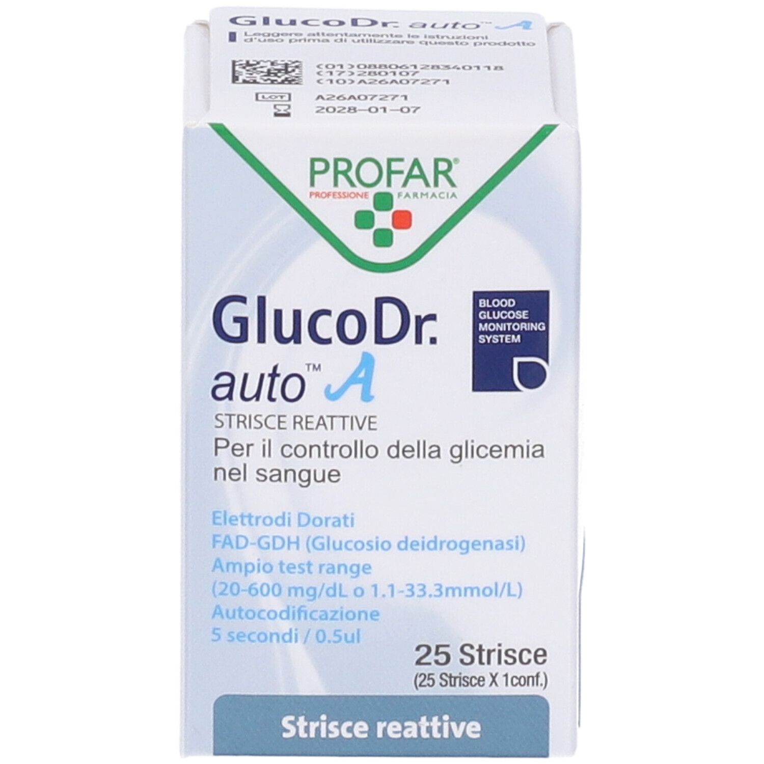Confezione da 25 strisce reattive GlucoDr. auto A per glicemia di Profar.