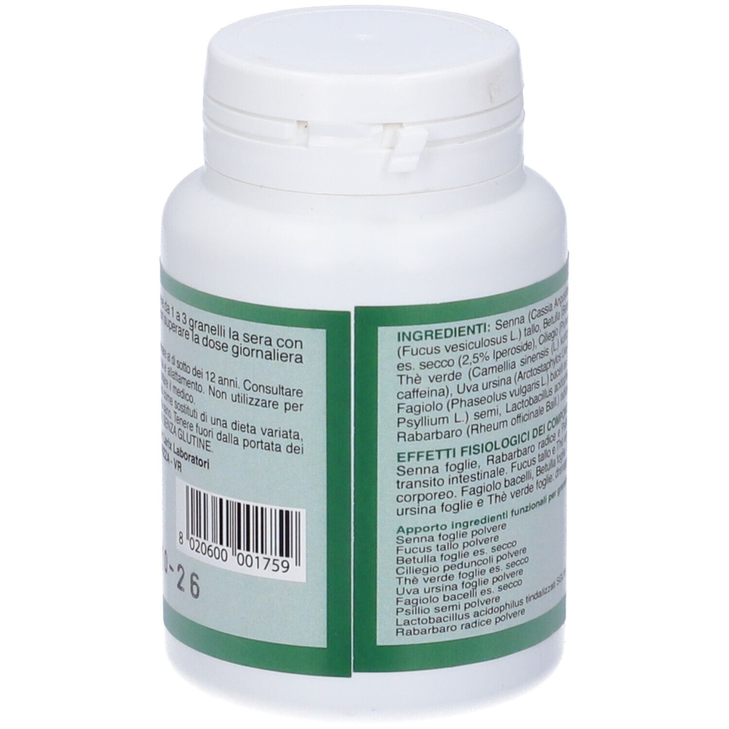 Flacone bianco con etichetta verde. Testo in italiano. Codice a barre e numero di lotto.