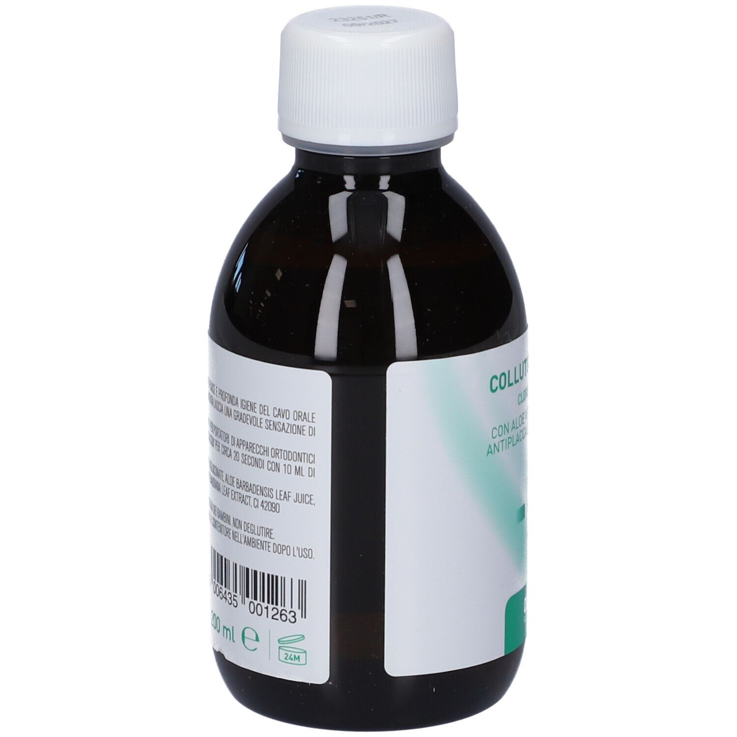 Flacone in vetro marrone con tappo a vite bianco, 250 ml. Etichette verdi e bianche con testo.