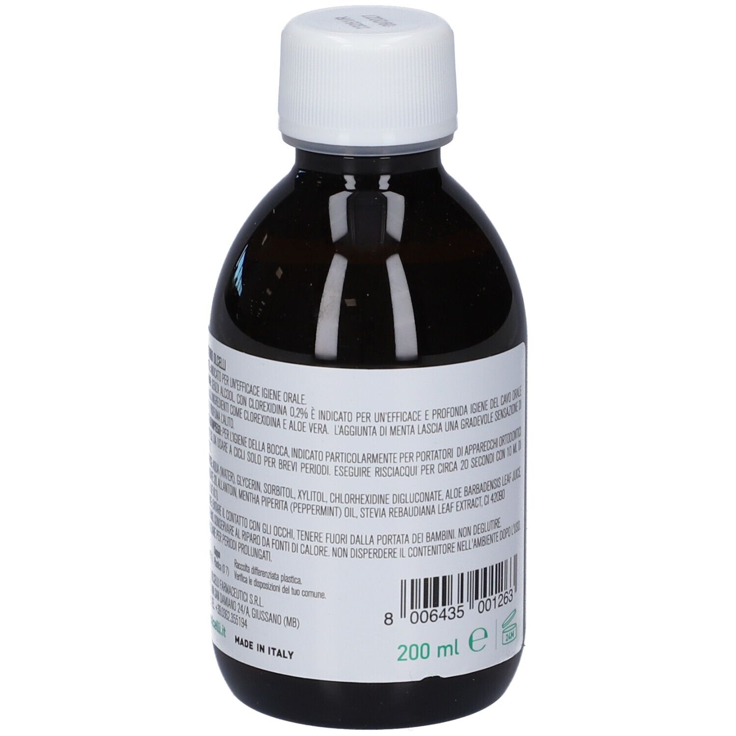 Flacone in vetro marrone scuro con tappo a vite bianco, 200 ml di collutorio.