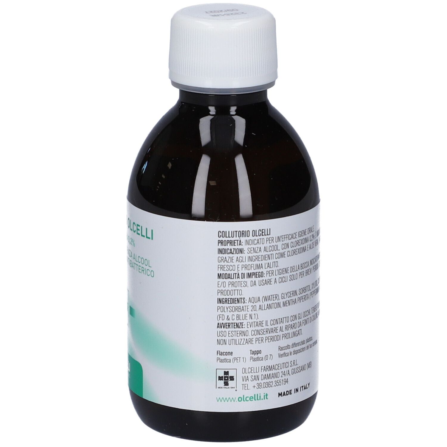 Flacone in vetro marrone con tappo a vite bianco, contenente liquido verde chiaro. Etichetta con informazioni sul prodotto.