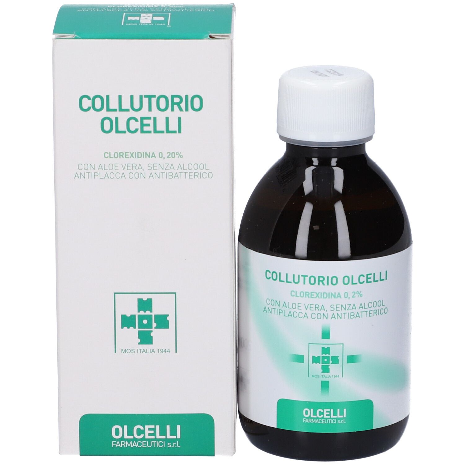Flacone e scatola di collutorio 'Collutorio Olcelli', Clorexidina 0,2%, Aloe Vera, senza alcool, antibatterico.