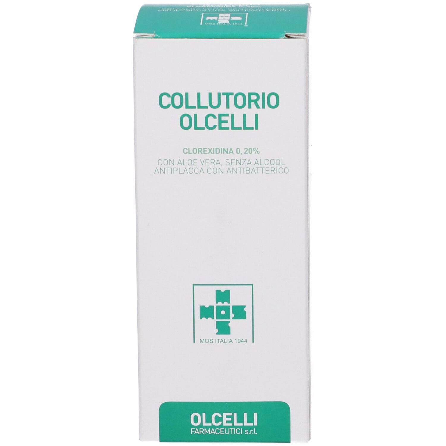 Confezione bianca per collutorio con dettagli verdi. Riporta "COLLUTORIO OLCELLI" e "CLOREXIDINA 0,20%".