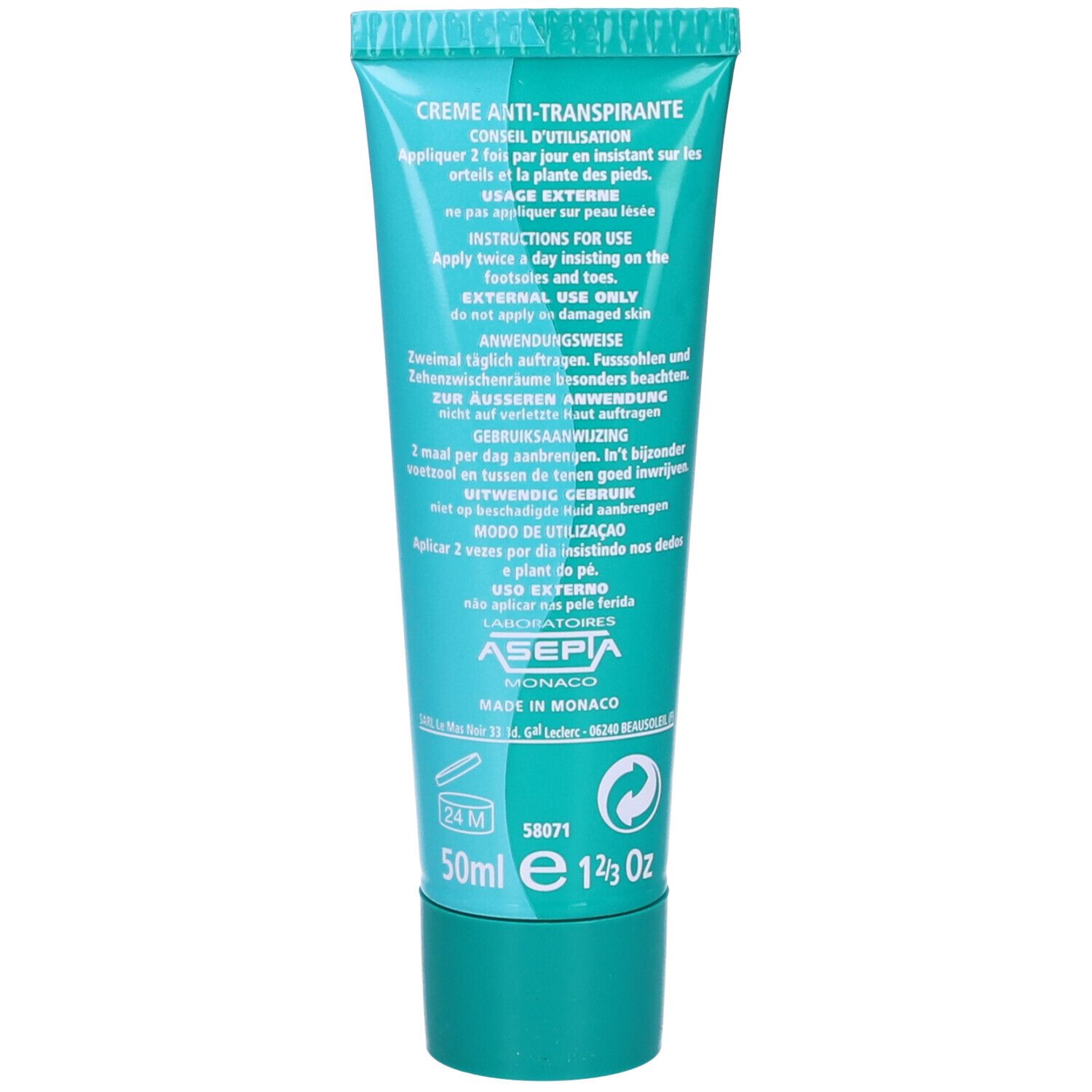 Retro del tubo. Scritta: Crema anti-traspirante. Istruzioni multilingue. 50ml, 1.7 oz.