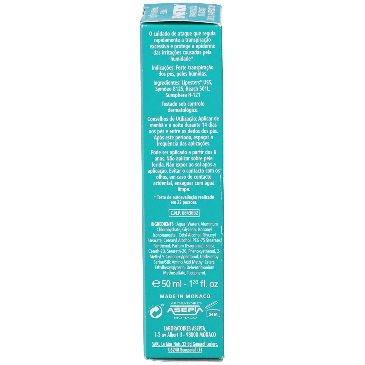 Scatola. Scritta: Crema anti-traspirante. Ingredienti, consigli d'uso. 50 ml, 1.7 fl oz.