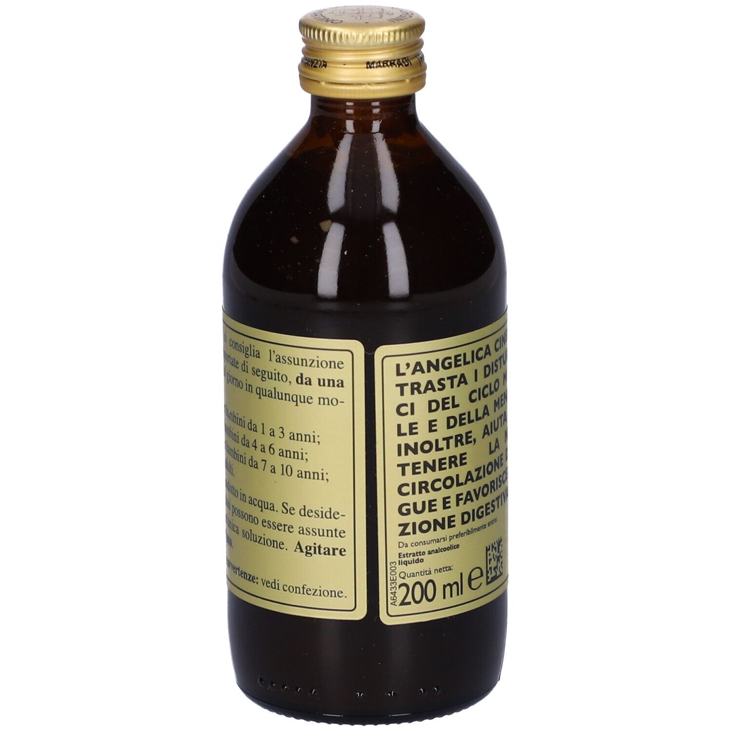 Bottiglia di vetro marrone. Etichetta con testo sugli ingredienti e il dosaggio.