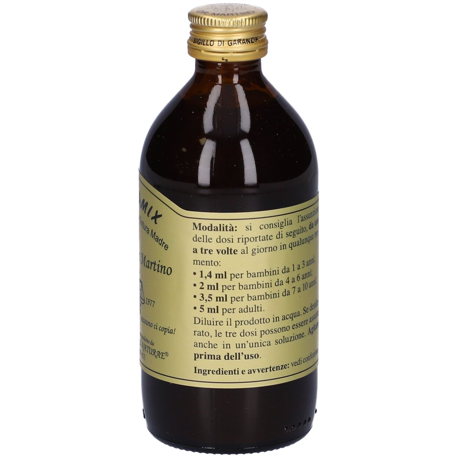 Bottiglia di vetro marrone. Etichetta con testo sul dosaggio e l'uso.