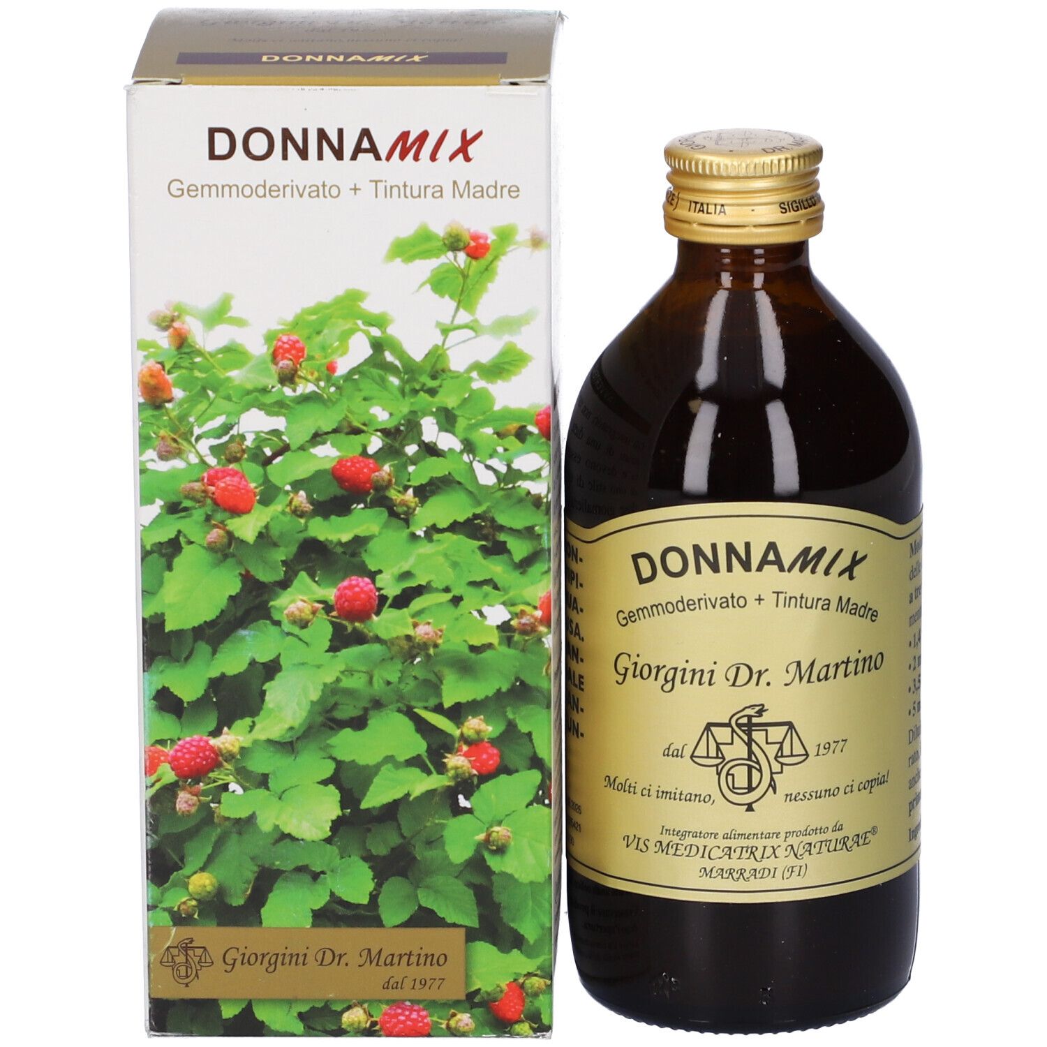 Flacone del prodotto con confezione in cartone. Scatola con motivo vegetale e nome del prodotto.