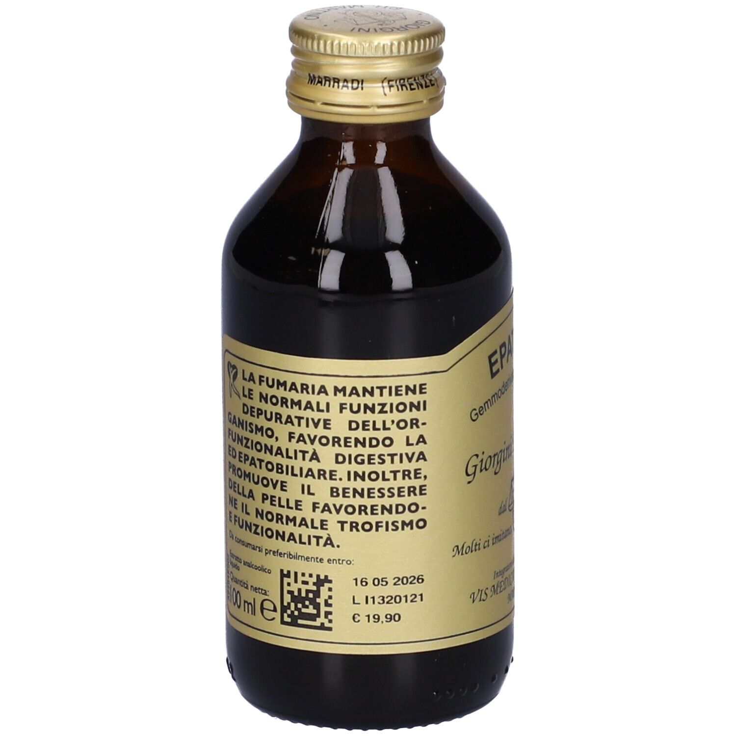 Bottiglia di vetro marrone con tappo dorato. Etichetta con testo e codice QR. Bottiglia in posizione verticale.