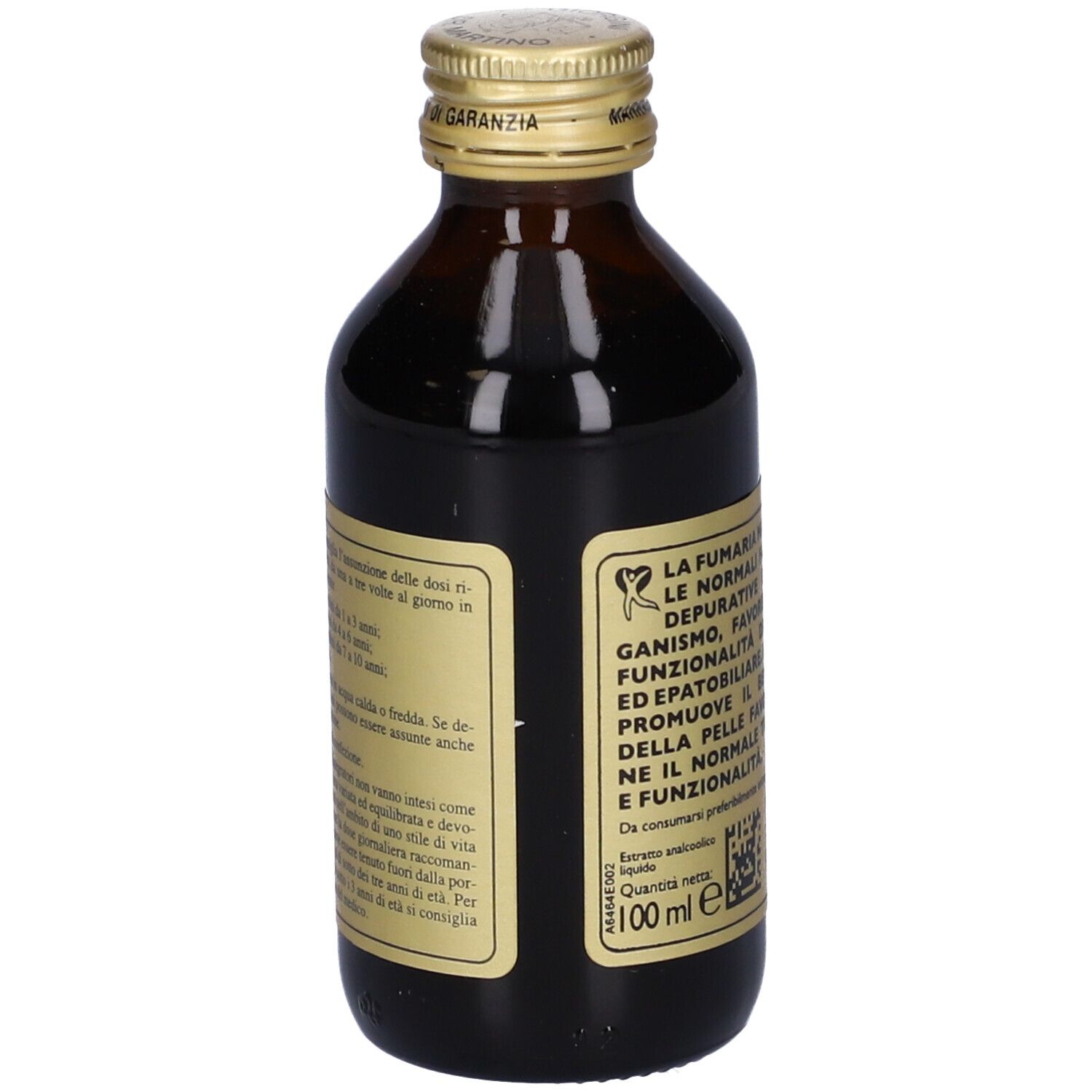 Bottiglia di vetro marrone con tappo dorato. Etichetta con testo. Bottiglia in posizione verticale.